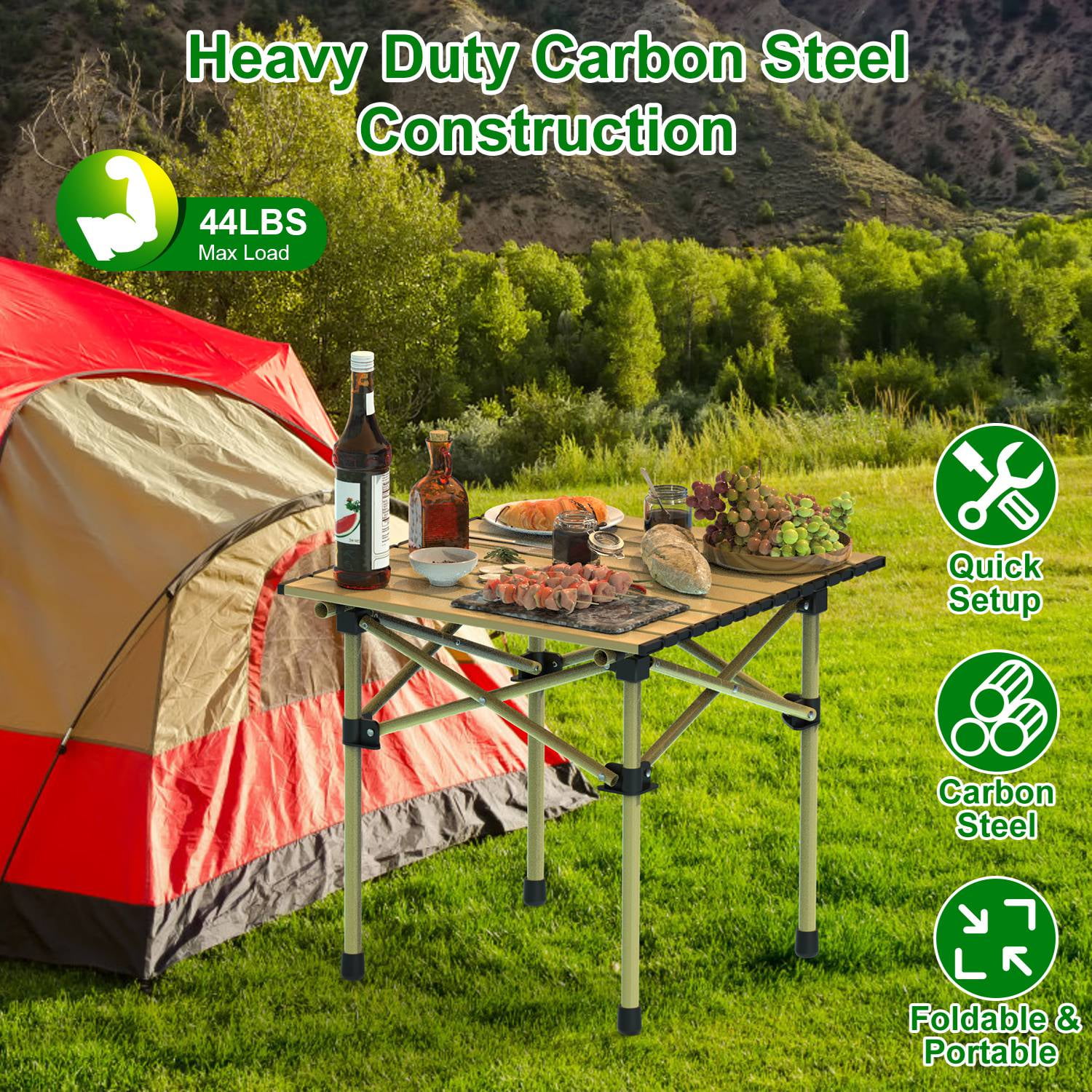 Roll-Up Camping Table ，Portable Upgraded Carbon Steel Table with Heavy Duty Carrying Bag,Portable for 2-3 People, Picnic Barbecue