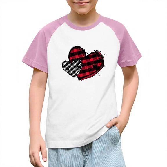 SERTG Girls Valentine Print Raglan Sleeve Casual T-shirt Kids Shirts Spring Summer Short Sleeve Cute Tops(Pink#2,13 Years)