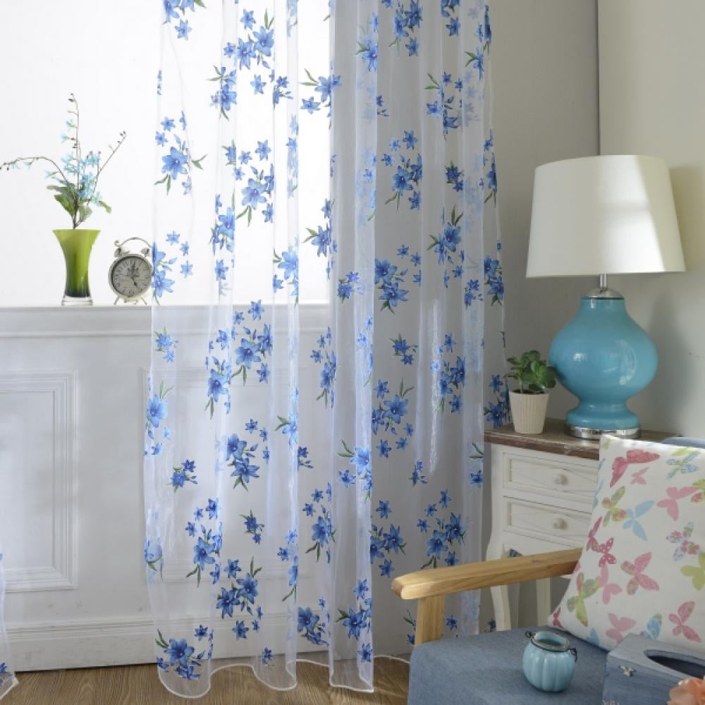 Floral Embroidered Semi Sheer Curtains Faux Linen Grommet Curtains for