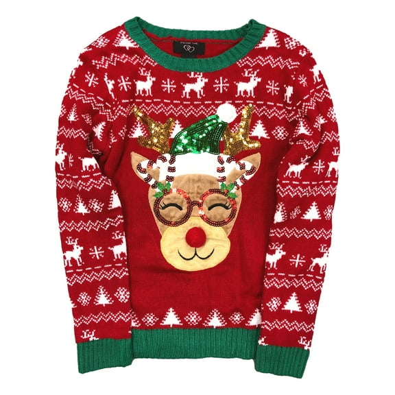 It's Our Time Girls Red Sequin Reindeer Elf Holiday Christmas Sweater XL(14-16)