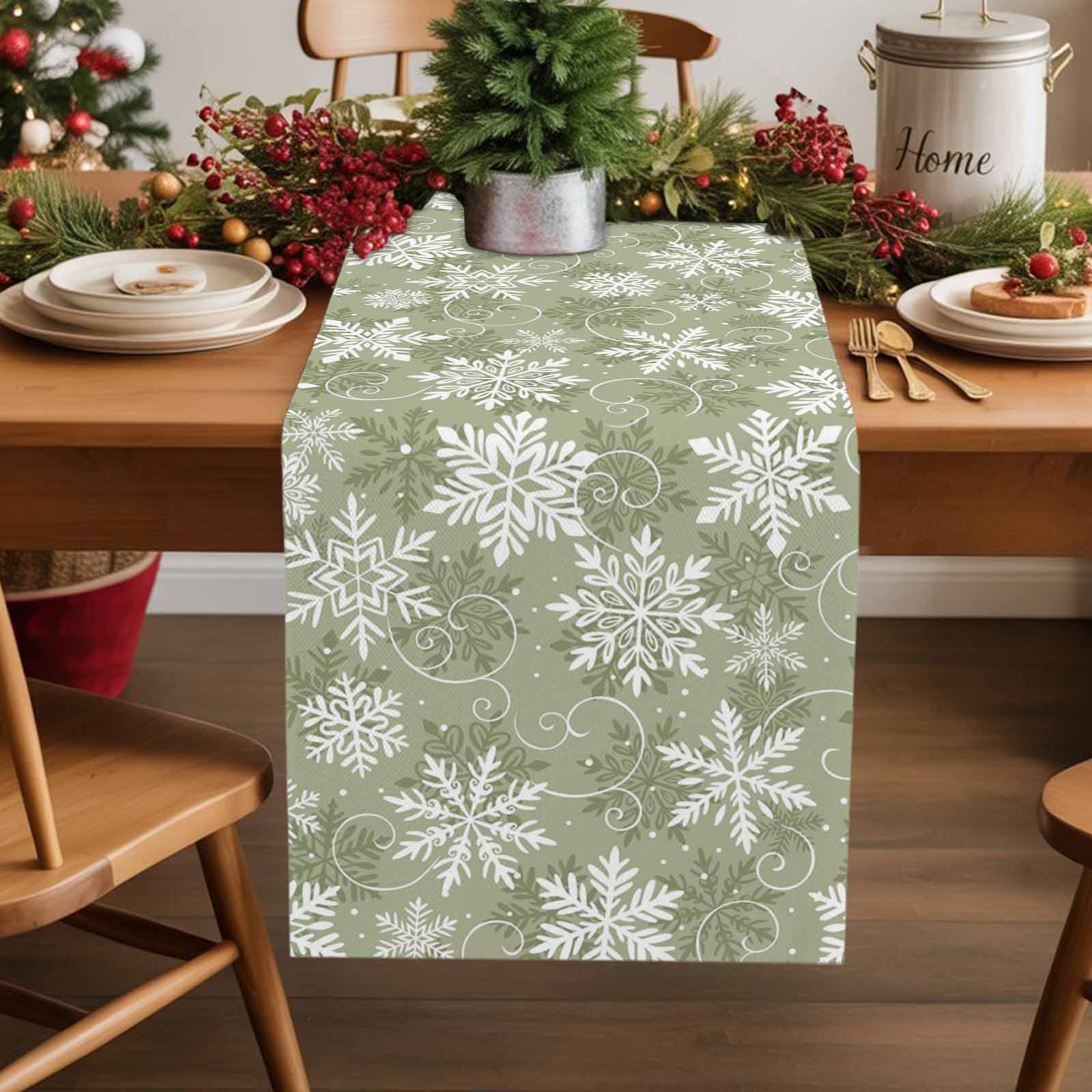 Table Runner Dresser Scarves 90 Inch Long,Sage Green Christmas Snowflake Linen Dining Table Runners