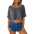 thumbnail image 5 of Crop Tops for Women Boat Neck Elbow-Length Cropped T-Shirt Solid Color Oversized Tee Shirts, Gray XL, 5 of 6
