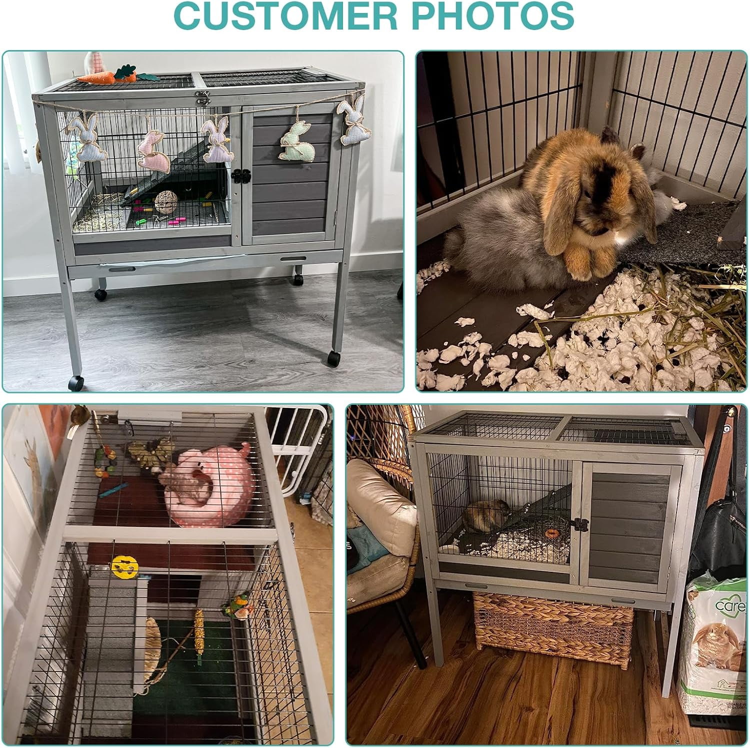 BUTINGLALE Guinea Pig Cage with Wooden Stand,Indoor Rabbit Hutch with 2 Stories, Hamster Cage with Anti Chew Ramp, Hideout, Platform, Pull Out Tray (Grey+Wheel)