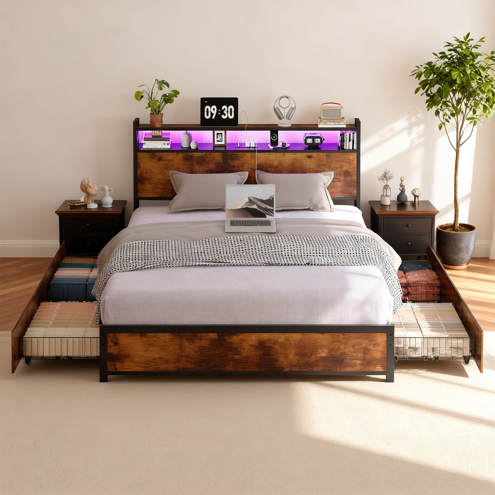 Ktaxon Queen Size Bed Frame with Charging Station & LED Storage Headboard, Metal Platform Bed Frame with 4 Underbed Drawers for bedroom, Vintage Brown