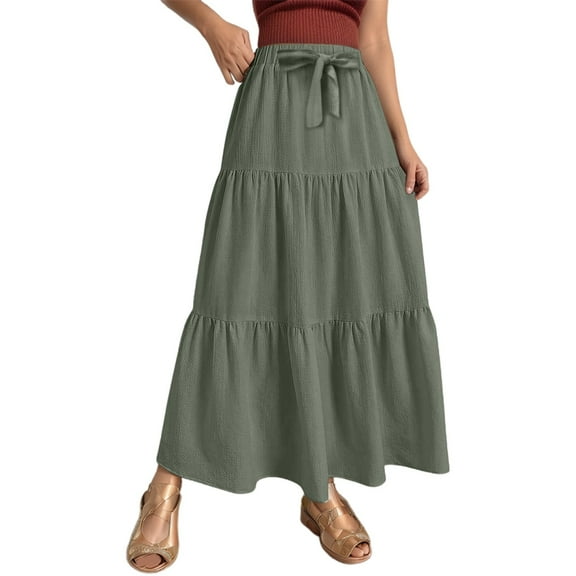 Women's Linen Solid A Line Wrap Skirt - Drawstring, Ruffle Hem, High Waisted, Sexy Beach Maxi Skirt