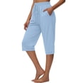 thumbnail image 4 of Zynoxe Womens Capri Pants Summer Solid Color Elastic Waist Drawstring Peasant Gauze Cropped Pants with Pockets Cotton Linen Straight Lounge Pants Light Blue 2XL, 4 of 5