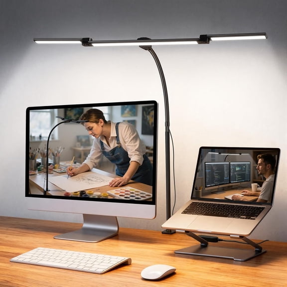 XIMEI LED Desk Lamp for Office Home, 3-Head Adjustable Computer Monitor Light Bar, Stepless Dimming, Eye-Caring Architect Desk Lamp with Clamp for Reading/Study/Workbench, Black