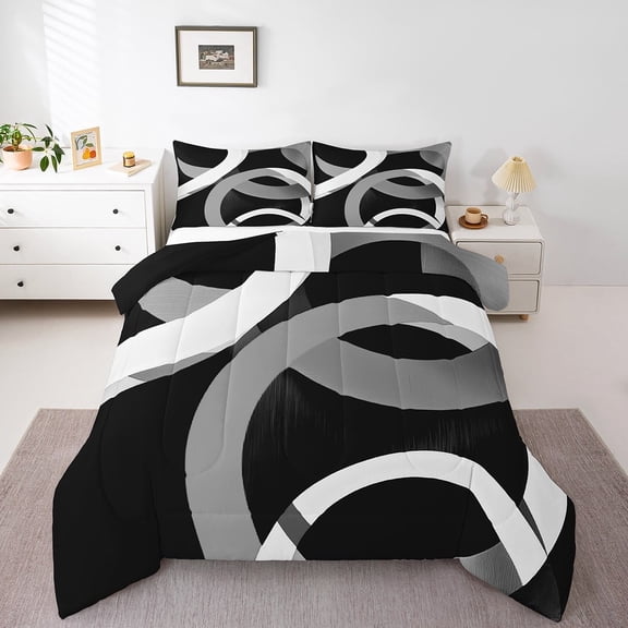 Erosebridal Geometric Round Bedding Twin Comforter Set,Black Grey Down Comforter,Abstract Artwork Bedding Sets Twin with Comforter,Lightweight Circle Room Decor,Reversible,3pcs