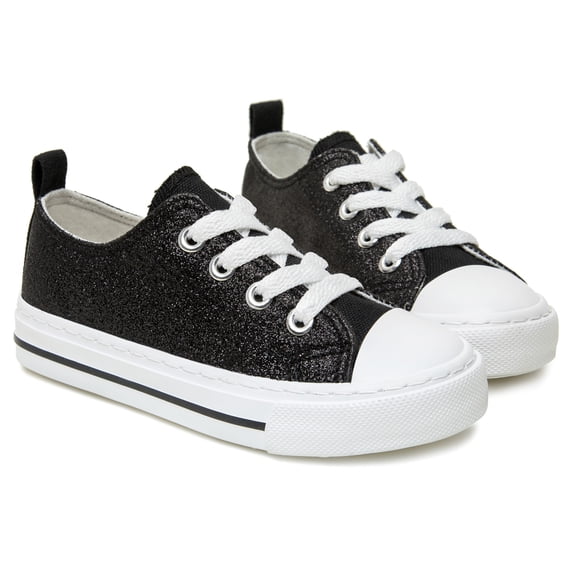 Girls Kids Sneakers Glitter Sequins Canvas Shoes Toddler Child Sparkle Low Top Lace Up Non Slip Rubber Sole Lightweight Breathable Walking Outdoor Black Size 3