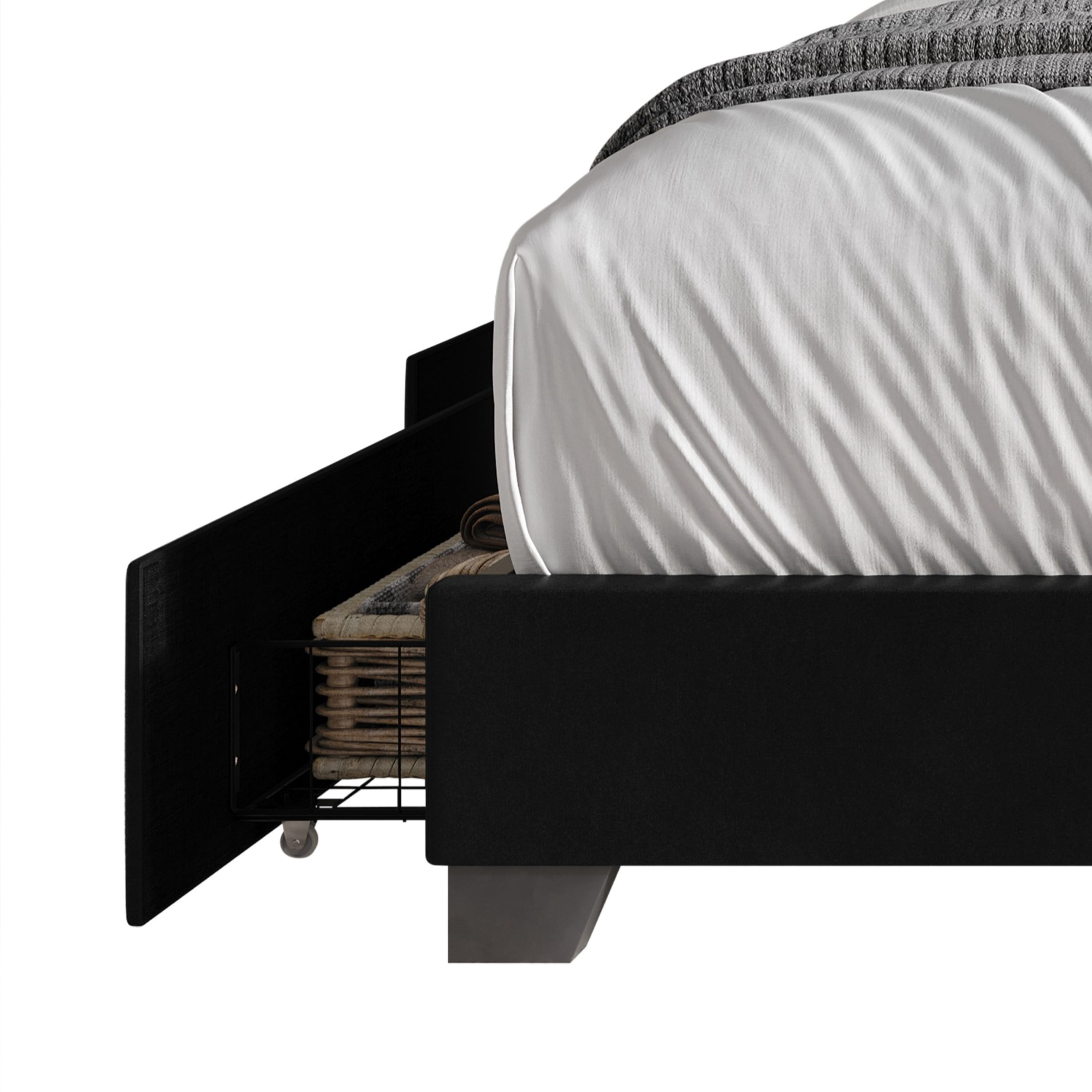 Home Design Valdez King Upholstered Storage Platform Bed Frame with Gold Aluminum Trim and Four Under-Drawers, Black, Easy Assembly