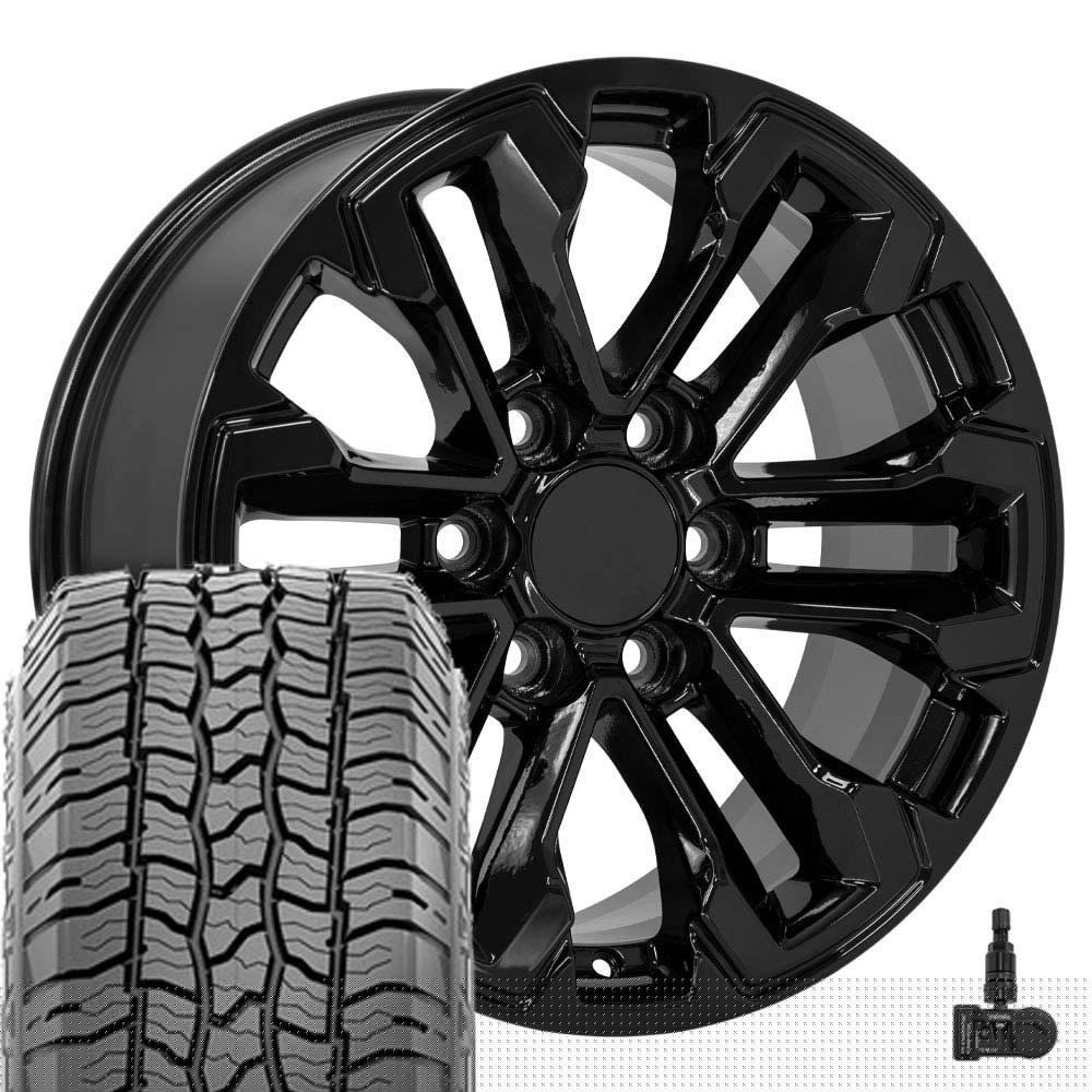 OE Wheels CV69 18 Inch Rims and Tires Fit Silverado 1500 Style  18x8.5 Gloss Black - Hollander 5905 - All Country A/T2 275/65-18 (Set of 4)