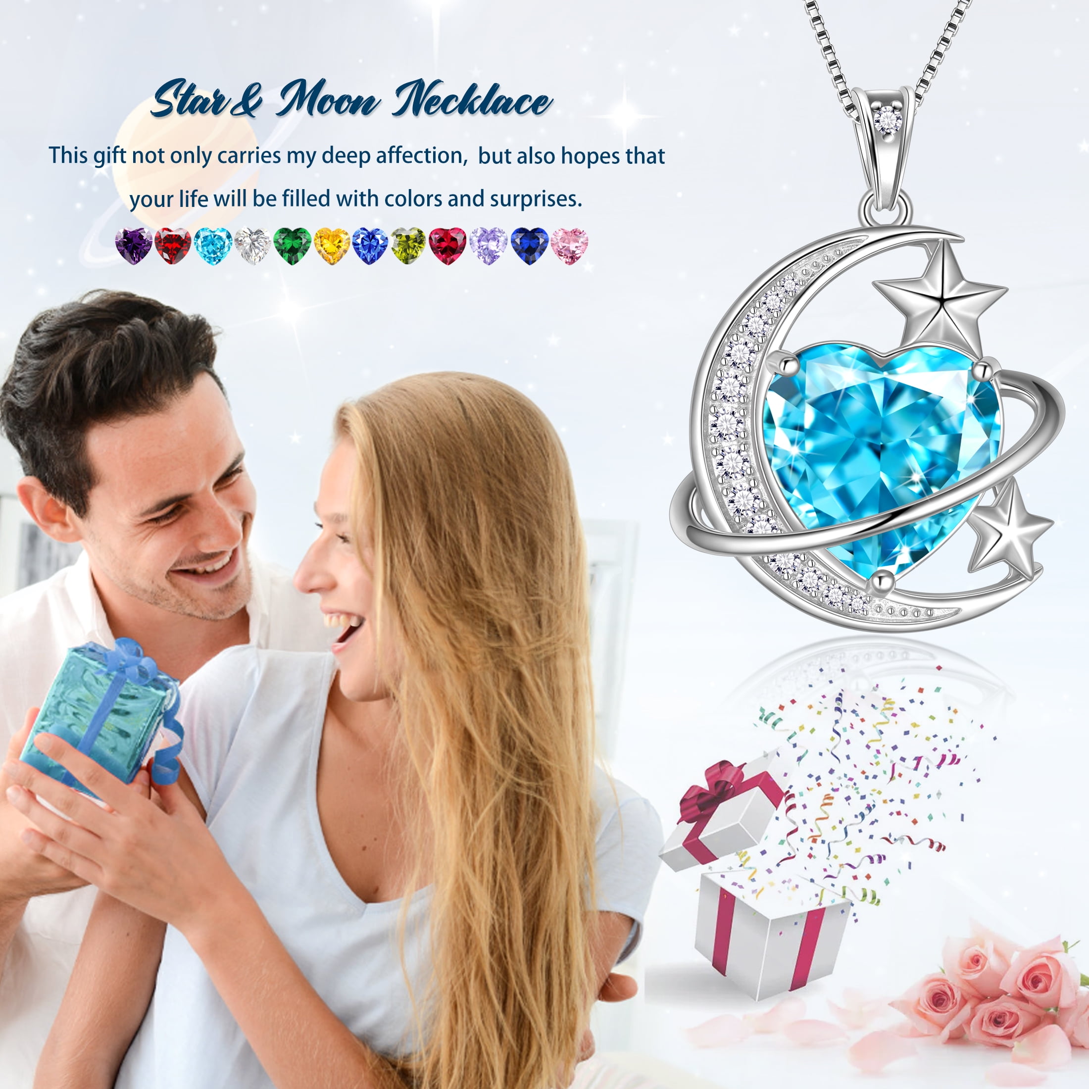 Juwaliy 13MM Women Moon and Star Necklace Heart January Birthstone 925 Sterling Silver Pendant Planet Celestial Necklace Red Garnet Jewelry Birthday Valentine's Day Gift for Mother