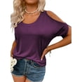 thumbnail image 3 of Crew Neck Women Solid Color Casual Cold Shoulder Tops Off Shoulder Summer T-shirt, 3 of 5
