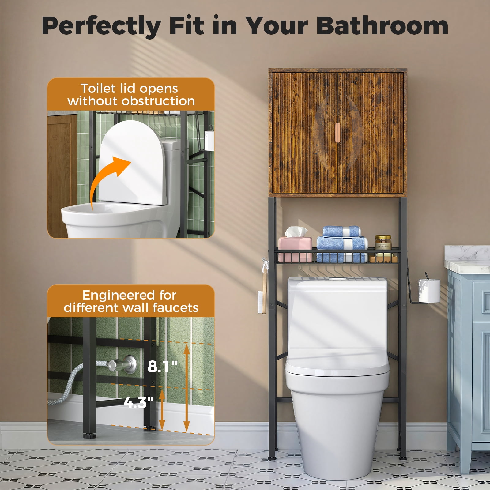 Biemlerfn Over the Toilet Storage Cabinet, Bathroom Storage Organizer with Adjustable Shelf, Toilet Paper Holder & Hooks, Freestanding Space Saver, Brown