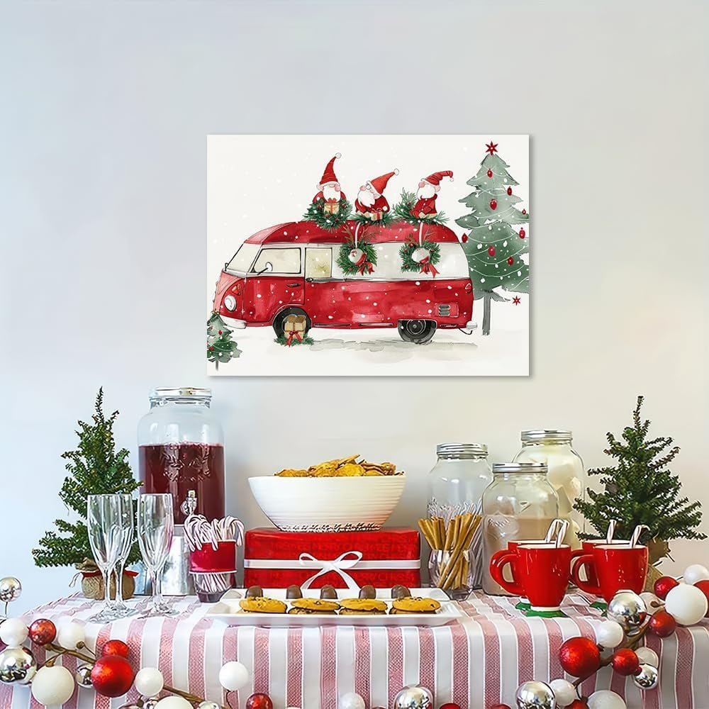 Christmas Gnome Bus Canvas Wall Art - Winter Snowing Christmas Painting - Framed 12 X 16 Inch Small Cute Christmas Pictures for Bathroom Kitchen Kids Room Home Office Decorations - Aesthetic Holiday