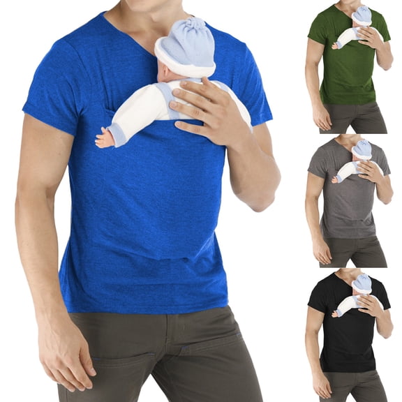 Blekii Men's Baby Shirt V-Neck Short Sleeve T-Shirt for Men - Skin to Skin Contact Design, Pocket Detail - Ideal for New Dad Bonding, Hospital Stay, Father's Day Gift, Family