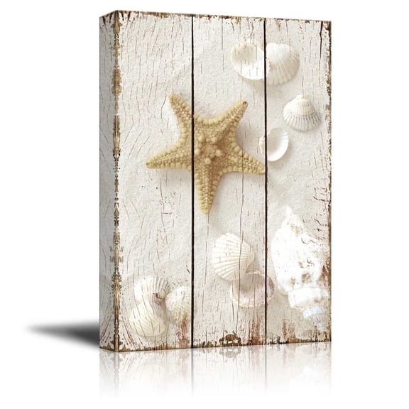 wall26 Star Fish and Sea Shells on the Sand Over White Wooden Panels - Nature - Canvas Art Home Decor - 32x48 inches