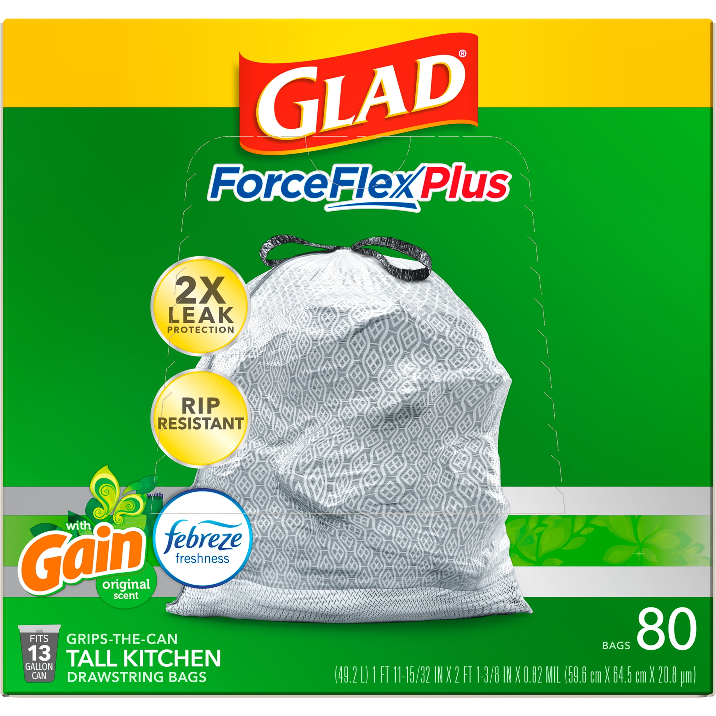 Glad ForceFlex Plus Gain Original Scent Drawstring Tall Kitchen 13 Gallon  Trash Bags