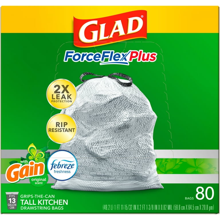 Glad ForceFlex Kitchen Bags, Tall, Drawstring, Gain Original Scent, 13 Gallon - 80 bags