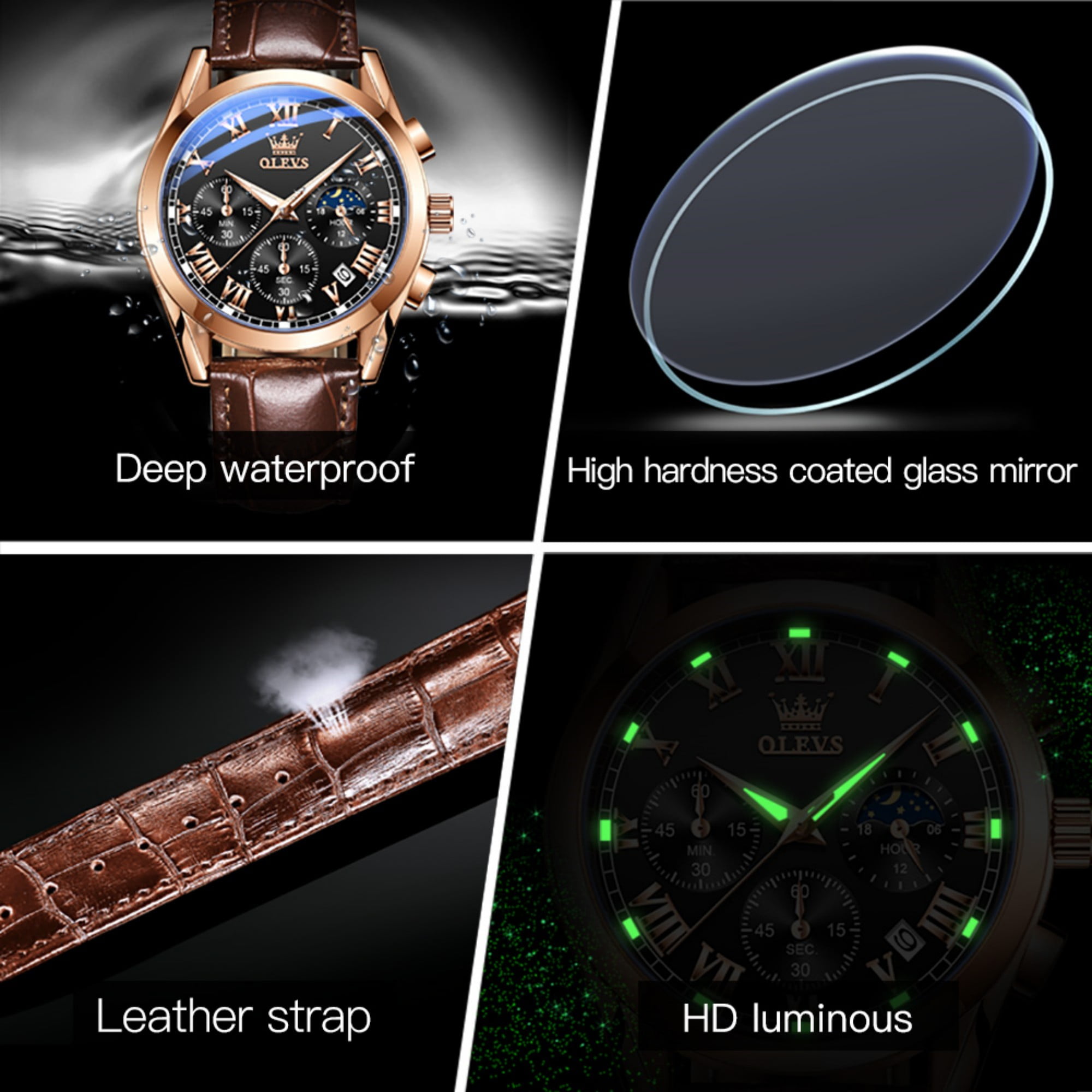OLEVS Chronograph Watches for Men Luxury Classic Business Sports Mens Watches with Leather Strap Waterproof Luminous Analog Quartz Reloj para hombre, Gifts for Men