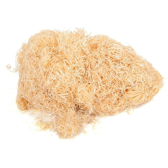 Wood Moss for Box and Gift made from durable natural poplar wood wool, shown in a close-up view. The material is white and free of chemicals and fragrances, making it safe for pets like snakes, lizards, and other crawling animals. The texture is soft and dust-free, ideal for use in bearded dragon tanks and terrariums. Package includes 400g of poplar wood silk.