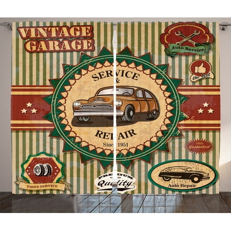 1960s Decor Curtains 2 Panels Set Collection Of Vintage Retro Car