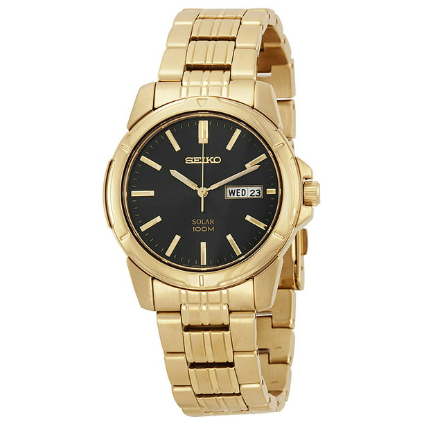Seiko Men's Solar Black Dial Gold-tone Stainless Steel Watch SNE100 -  