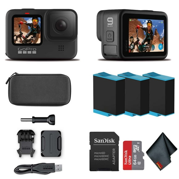 GoPro HERO9 (HERO 9) Black - Waterproof Action Camera + 64GB Card and 2 Extra HERO9 Batteries