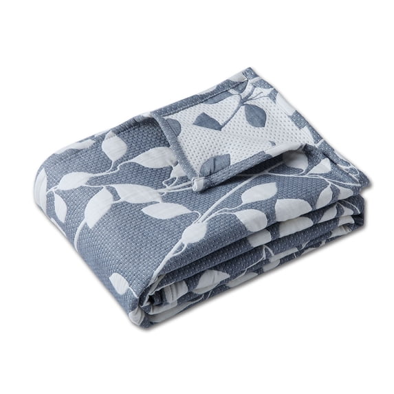 Haperlare Bluish Gray Muslin Cotton Throw Blanket, Soft Breathable Yarn Dyed Jacauard Leaf Pattern Cotton Quilted Muslin Throw Blankets for Adults, 50"x60"