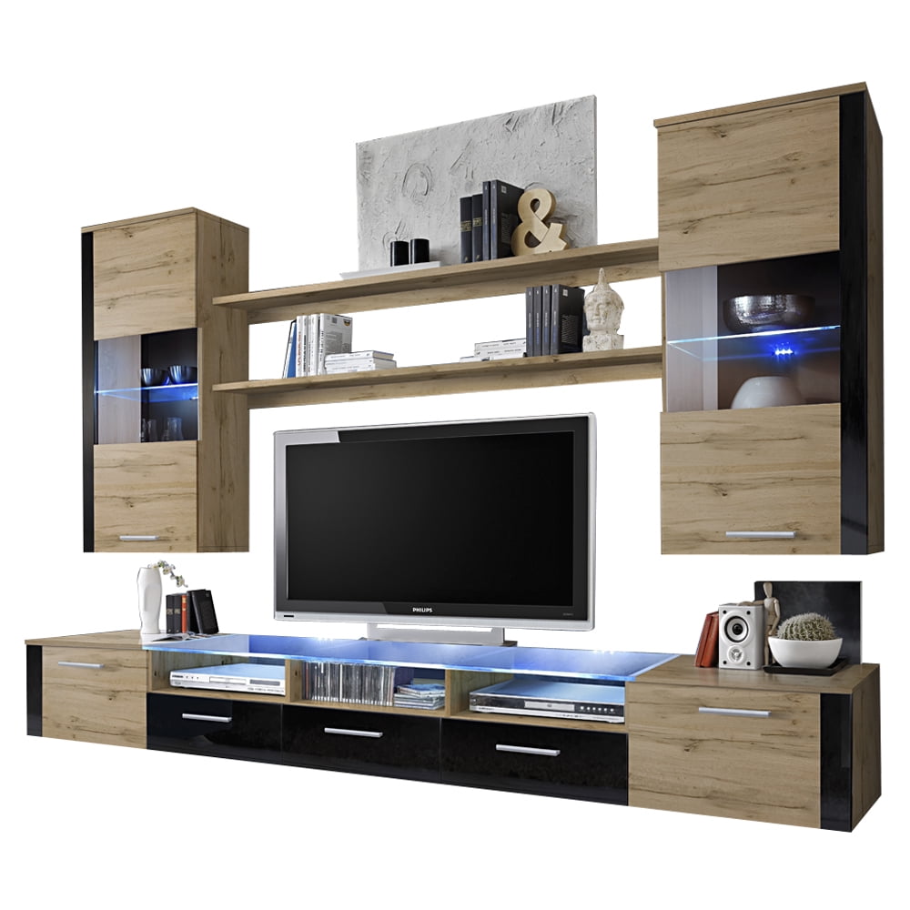 Fresh Wall Unit Modern Entertainment Center with LED Lights, Oak/Black