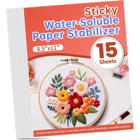 15 count 8.5"x11" Sticky Water Soluble Stabilizer for Embroidery - Medium Weight Wash Embroidery Stabilizer, Printable & Draw-Ready Patterns for Hand & Machine Embroidery