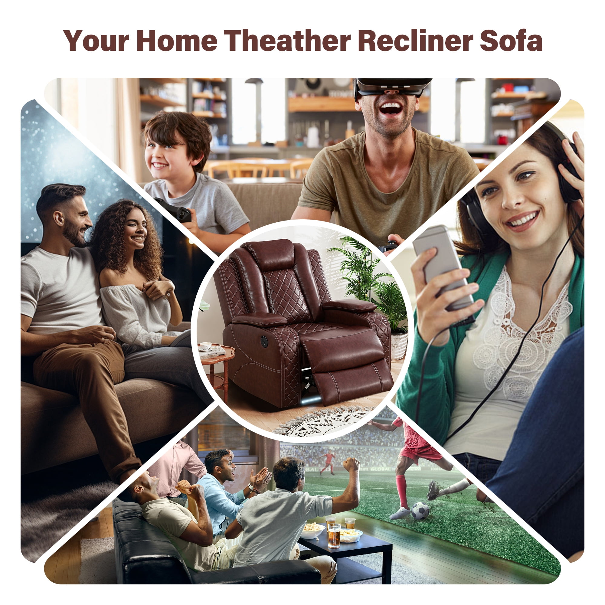 Aukfa Power Recliner Sofa Chair W/ Storage and USB for Living Room,Leather, Brown
