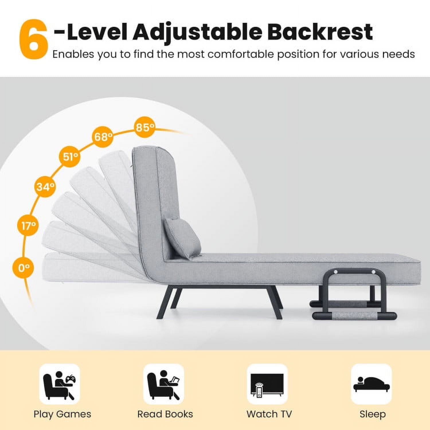 Folding Chair Bed, Folding 6 Position Convertible Sleeper Bed Armchair Lounge Couch with Pillow, Cozy Futon Chair for Small Spaces, Office, Light Gray Folding Chair Bed, Folding 6 Position Convertible Sleeper Bed Armchair Lounge Couch with Pillow, Cozy Futon Chair for Small Spaces, Office, Light Gray