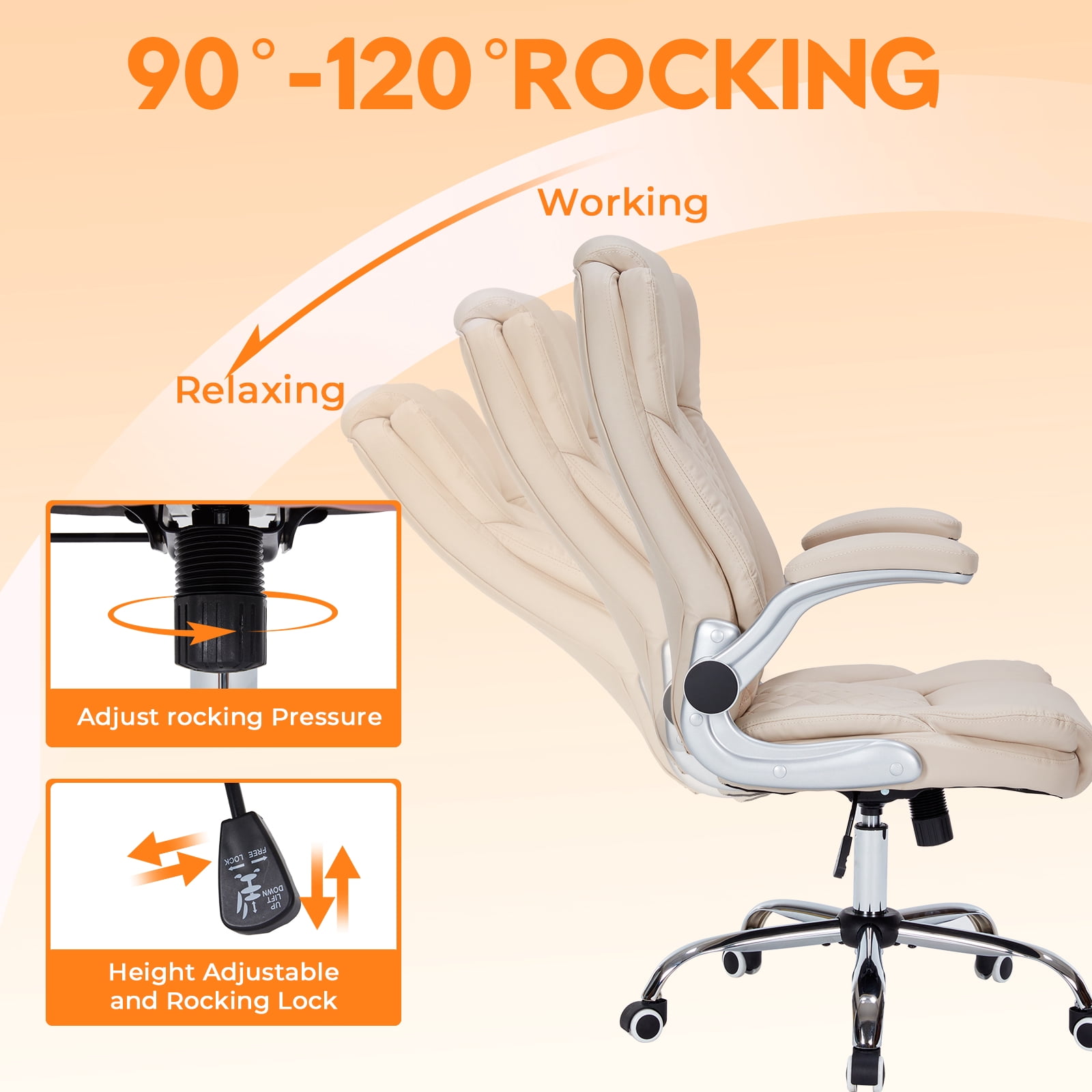 HESL Office Chair with Flip-Up Arms, Big and tall Office Chair with Rocking Mode, Desk Chair,  Cream