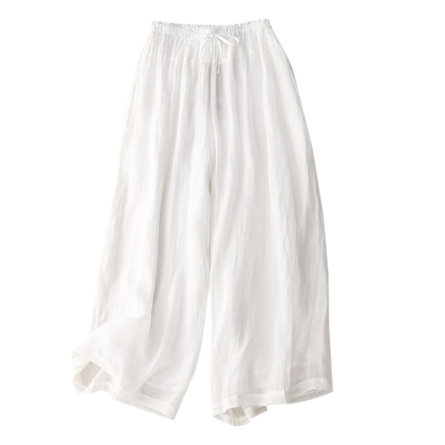 AherBiu Wide Leg Pants for Women Drawstring High Waisted Cotton Linen Summer Lightweight Cropped Trousers