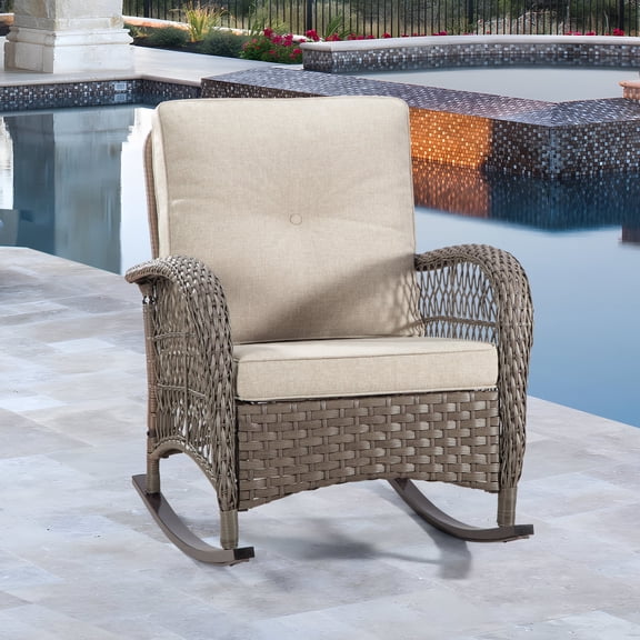 MeetLeisure Patio Wicker Outdoor Lounge Rocking Chair with Cushion, Beige