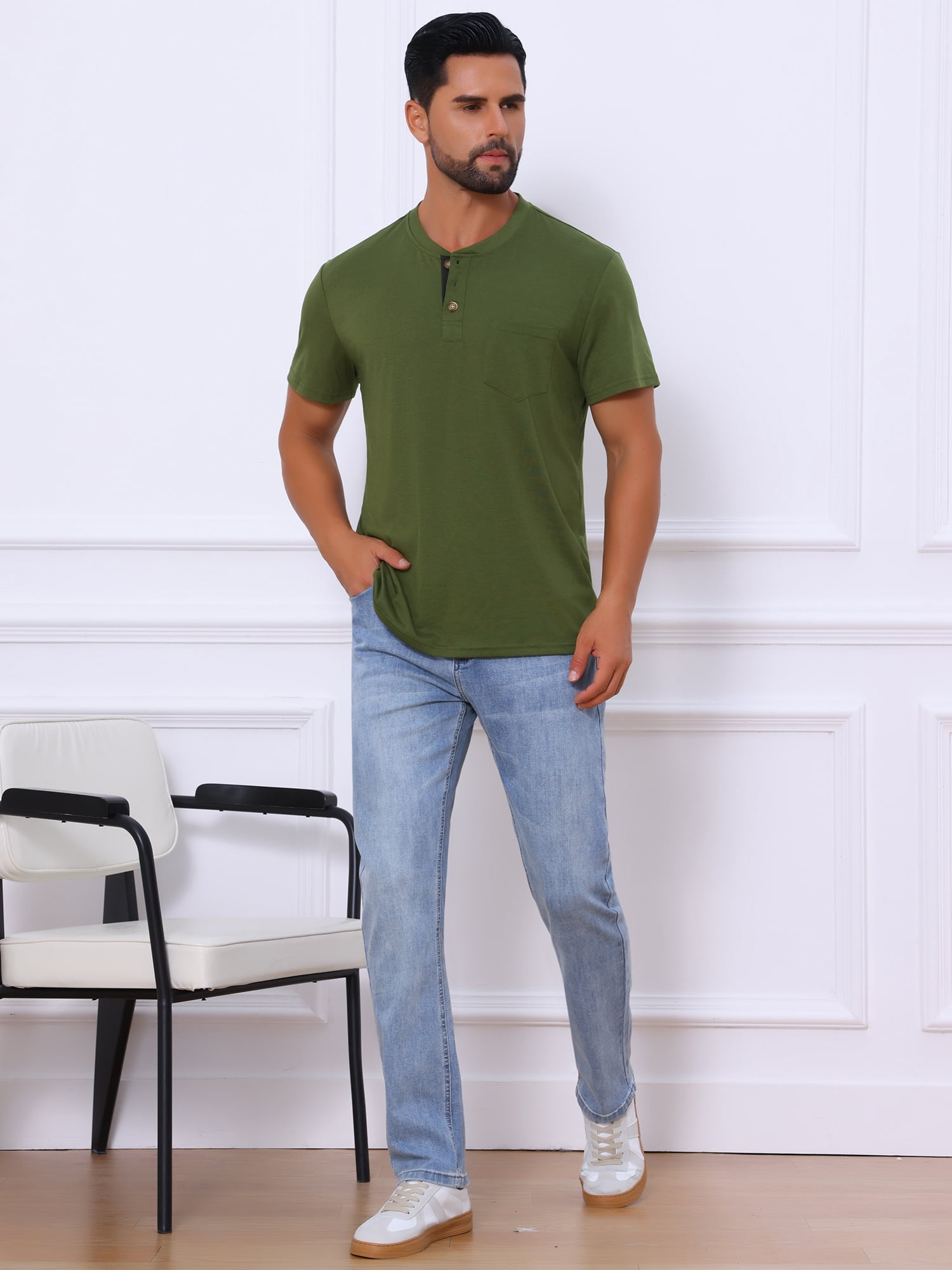 DARING DIVA Men's Casual Summer Short Sleeves Button Henley Basic Tee XL Green