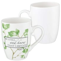 Christian Art Gifts Encouraging Scripture Ceramic Coffee & Tea Mug for Women: Be Still & Know Bible Verse Psalm, Inspirational Microwave/Dishwasher Safe Drinkware, White & Green Leaf Branches, 12 oz.