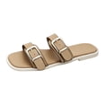 thumbnail image 3 of Domuza Women's Genuine Leather Platform Sandals Cork Footbed Slip-on Sandals Summer Chunky Slides with Double Adjustable Buckle Casual Vacation Shoes Beige 7.5（EU-39）, 3 of 6