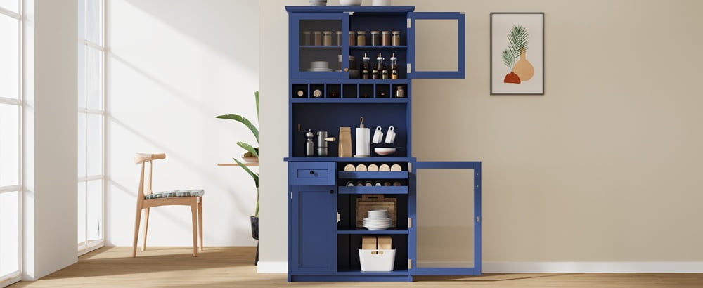 Farmhouse Freestanding Buffet with Hutch, Tall Kitchen Pantry Storage Cabinet with Wine Rack, Adjustable Shelves and Glass Doors for Dining Room, Blue