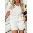 thumbnail image 6 of Chic Women's Beige Checkered V Neck Tee and Drawstring Shorts Lounge Set | [ZhiHiMeRi] | (US 12-14)L, 6 of 12