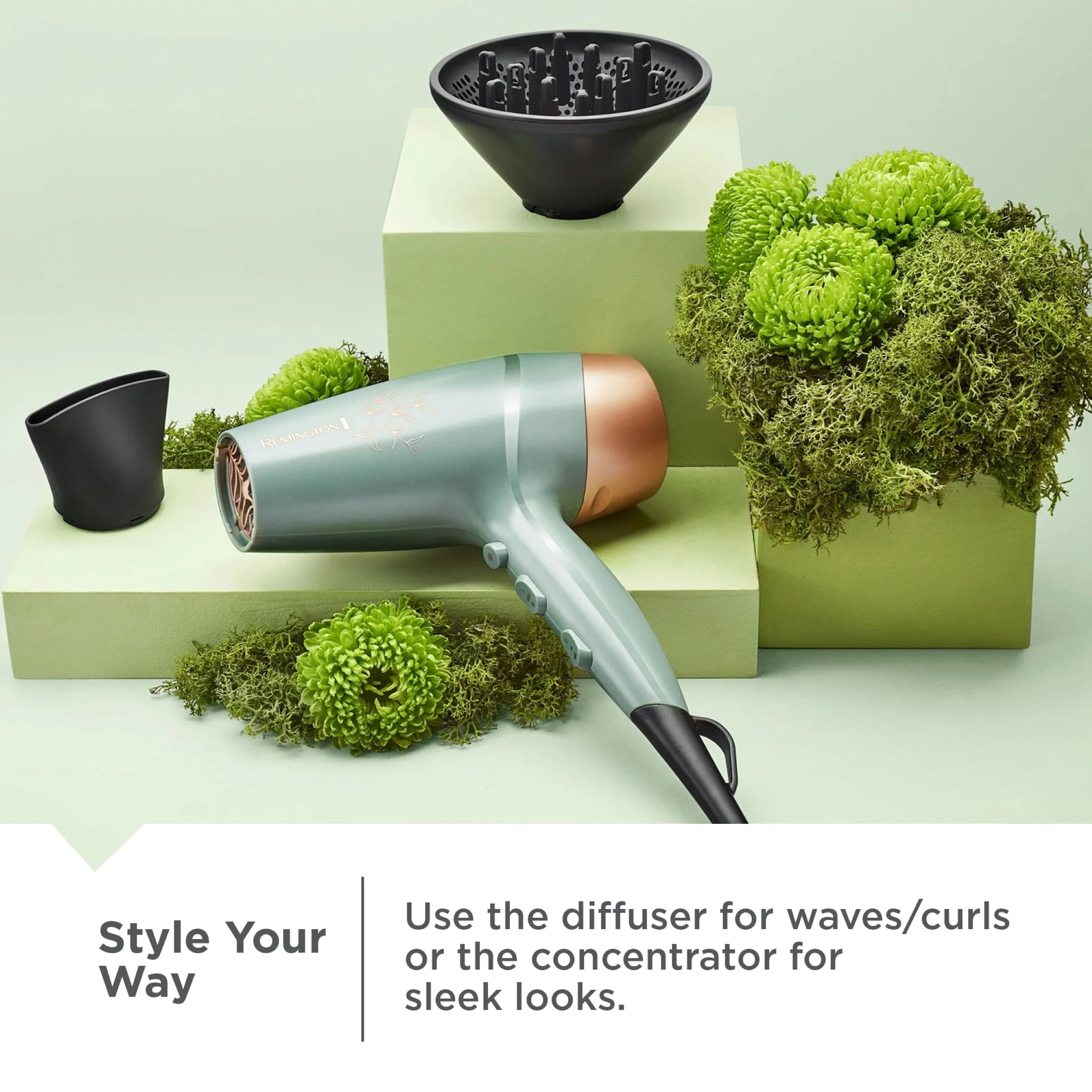Remington Botanicals Hair Dryer, Ceramic, 6 Heat Settings, Cool Shot, Green