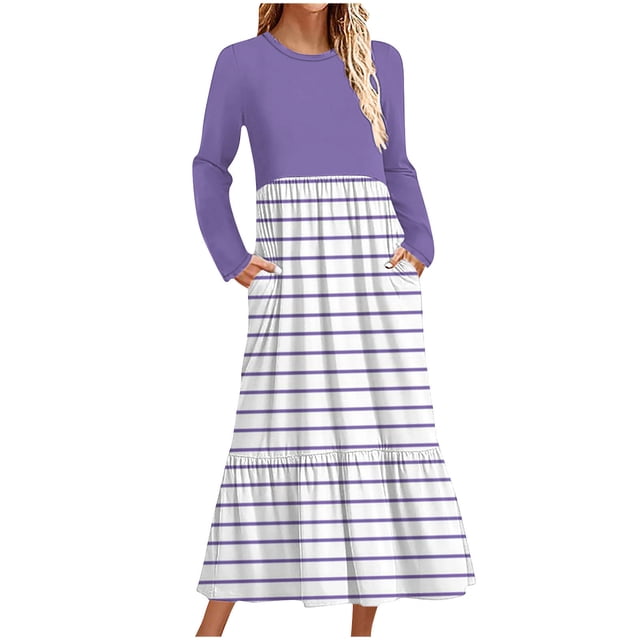cfhntfmh Maxi Robes pour Femmes Automne Col Rond Manches Longues Robe Rayée Robe Tendance à Blocs de Couleur Robe de Détente avec Poches