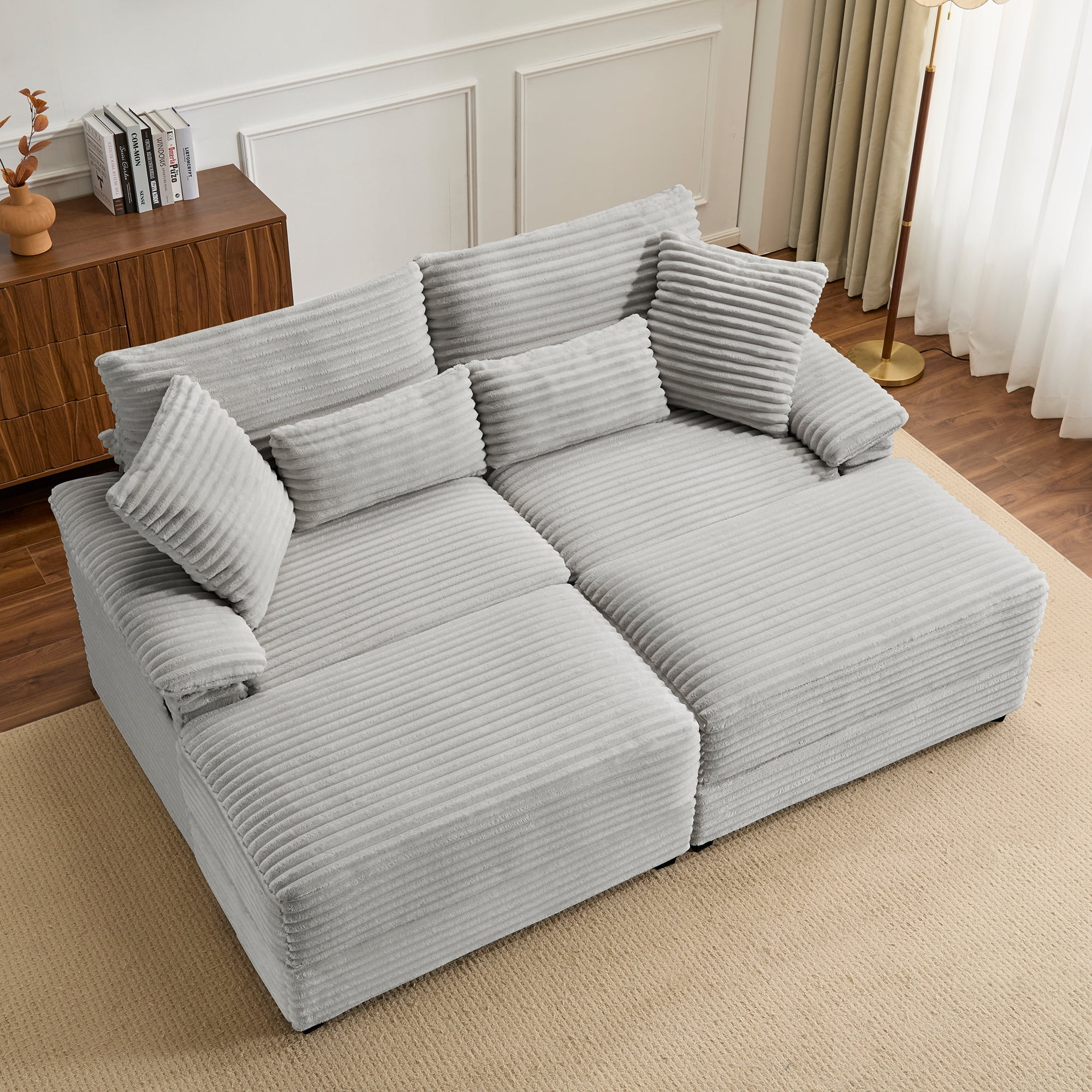 Alvantor 74" Sofa Loveseat with Reversible Ottoman & USB Port Corduroy Chaise Couch for Living Room Gray