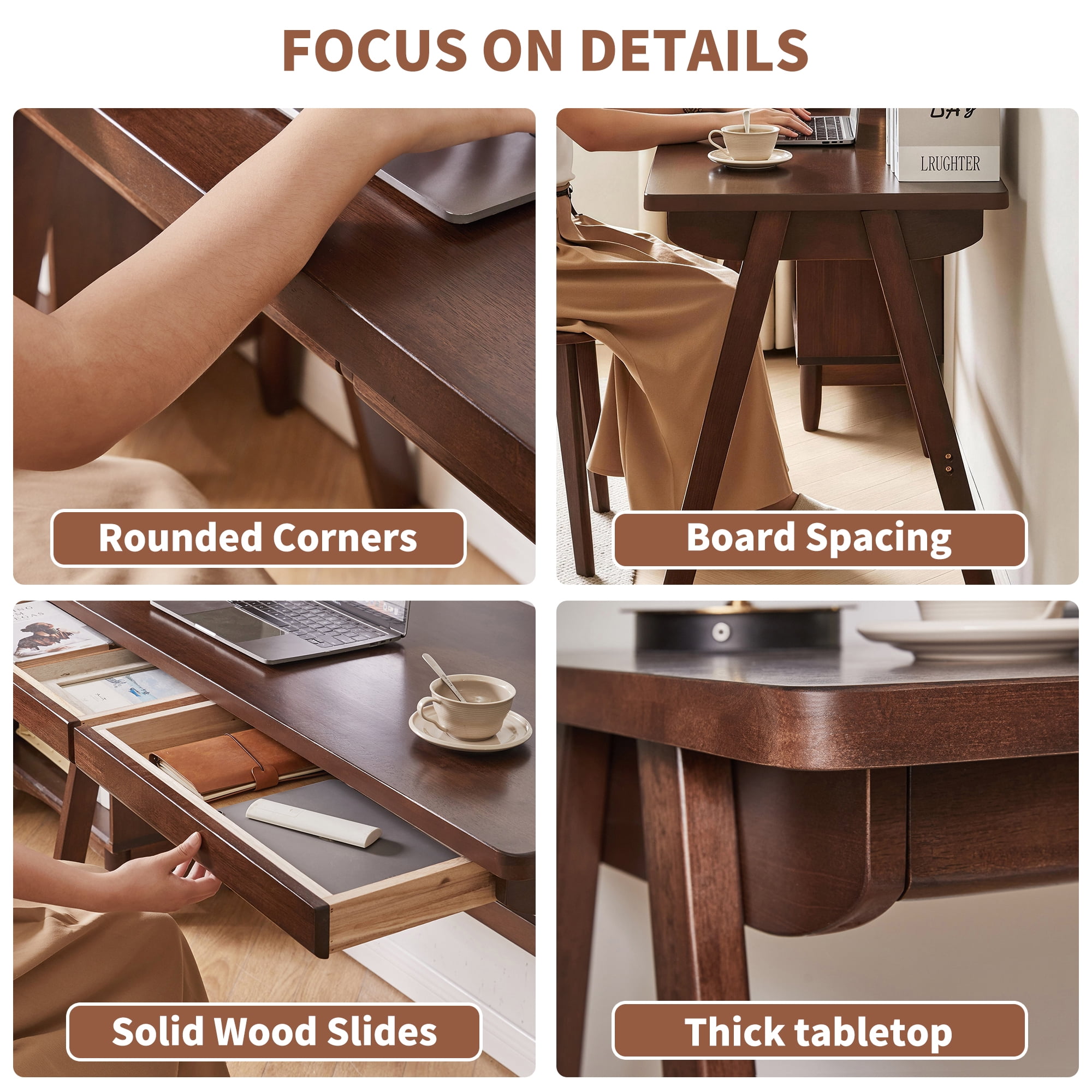 100% Solid Rubber Wood Computer Desk, Retro Walnut Writing Desk with Drawer, Sturdy A-Frame Leg, 39.37"x21.65", 0.71" Standard Thick Home Office Study Table