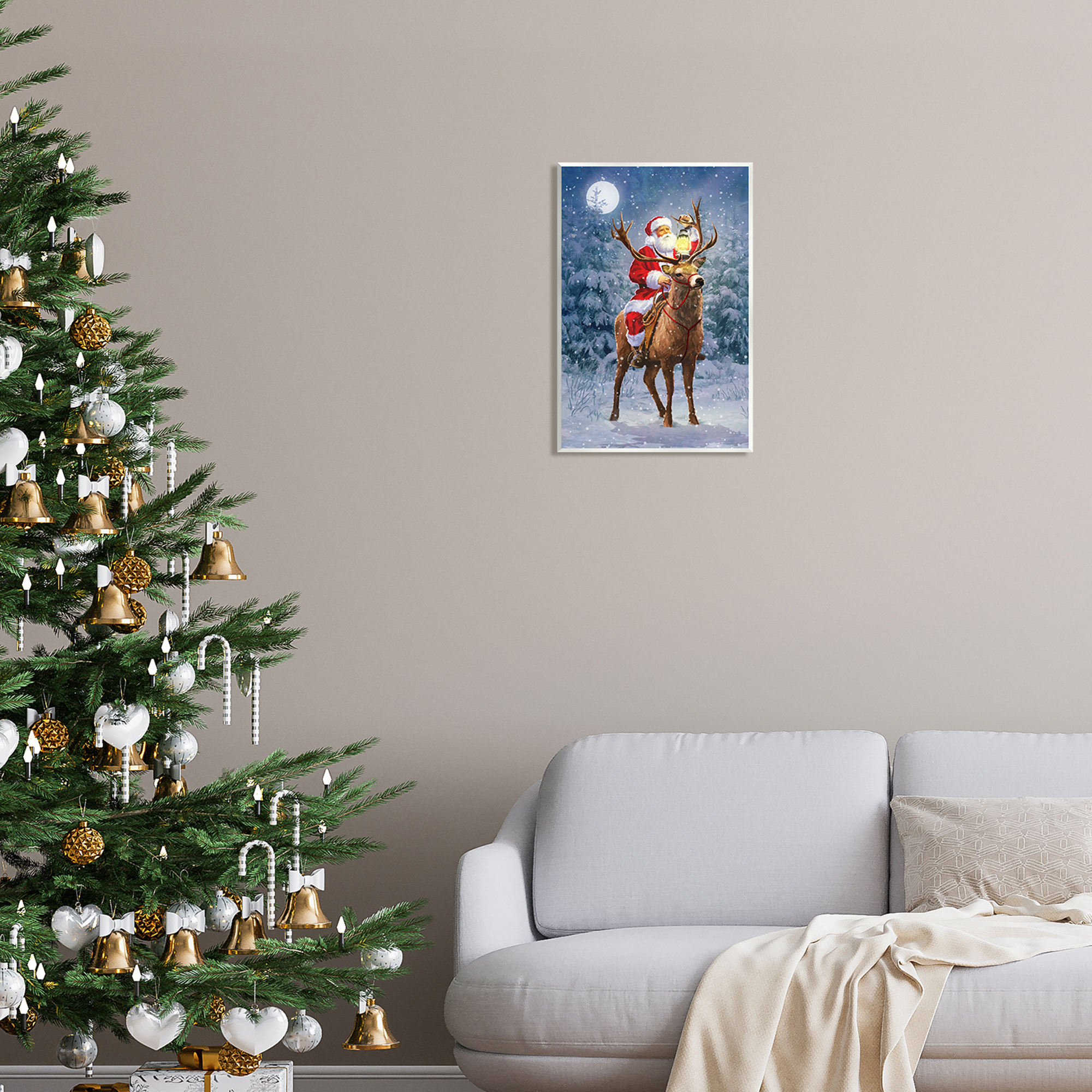 Stupell Industries Santa Riding Reindeer Landscape Holiday Painting Unframed Art Print Wall Art