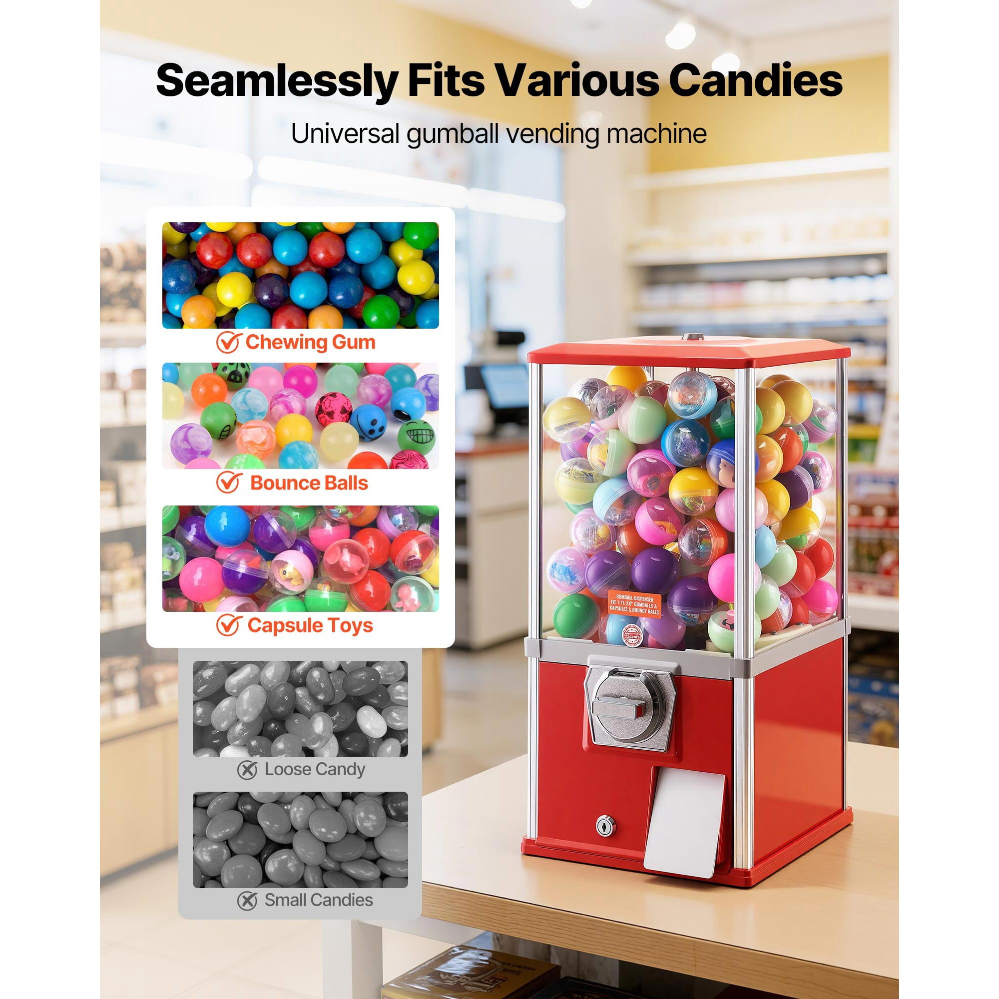 KFFKFF Candy Vending Machine, 21-inch Tall Dispenser for Spherical Treats, 25-Cent Operation, Ideal for Malls, Supermarkets, Parks, and Arcades, Holds Up to 180 Pieces of 1.77-inch Candy