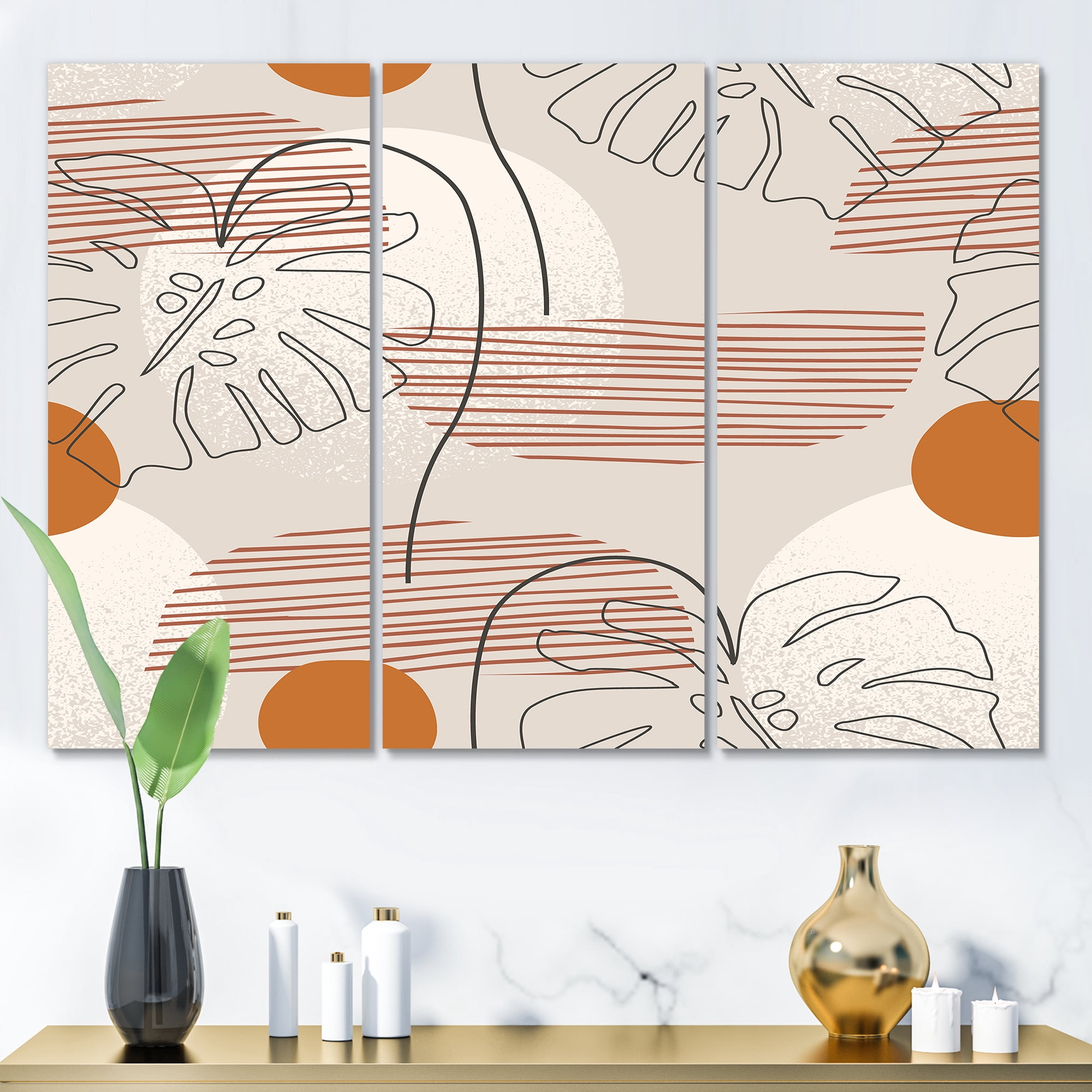 Designart ' Abstract Monstera Leaf and One Line Art Shapes ' Modern Canvas Wall Art Print