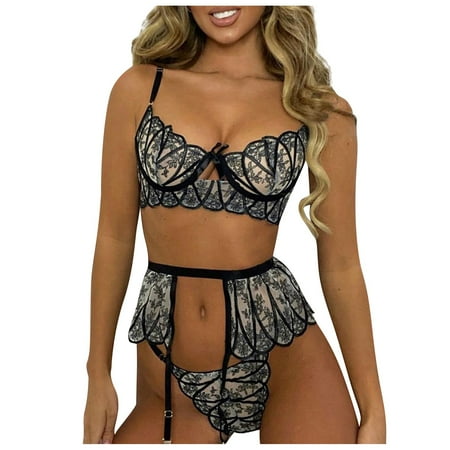 

Women 3 Piece Lingerie Set Demi Bra and Panty with Garter Belts Floral Lace Underwear Scallop Trim Sleepwear Bodysuit