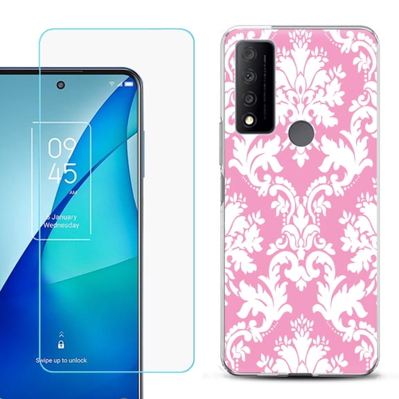 Slim-Fit Gel TPU Phone Case for TCL 4X 5G, with Tempered Glass Screen Protector, by OneToughShield ® - Victorian White/Pink